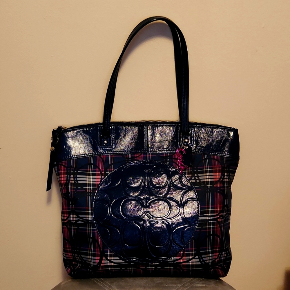 Coach Large Blue Tartan Tote Bag Laura Shoulder Travel Plaid
